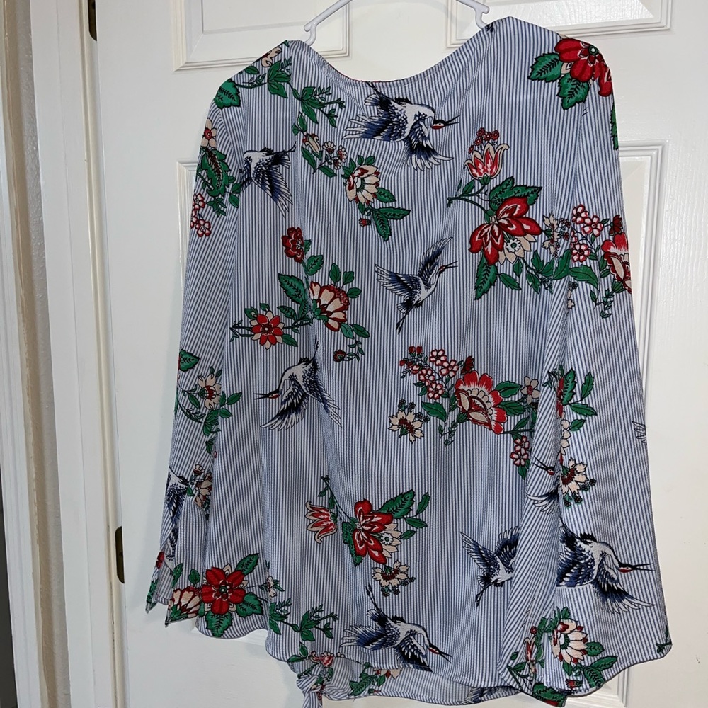 Floral Crane Striped Blouse Sz 2X - Picture 5 of 8